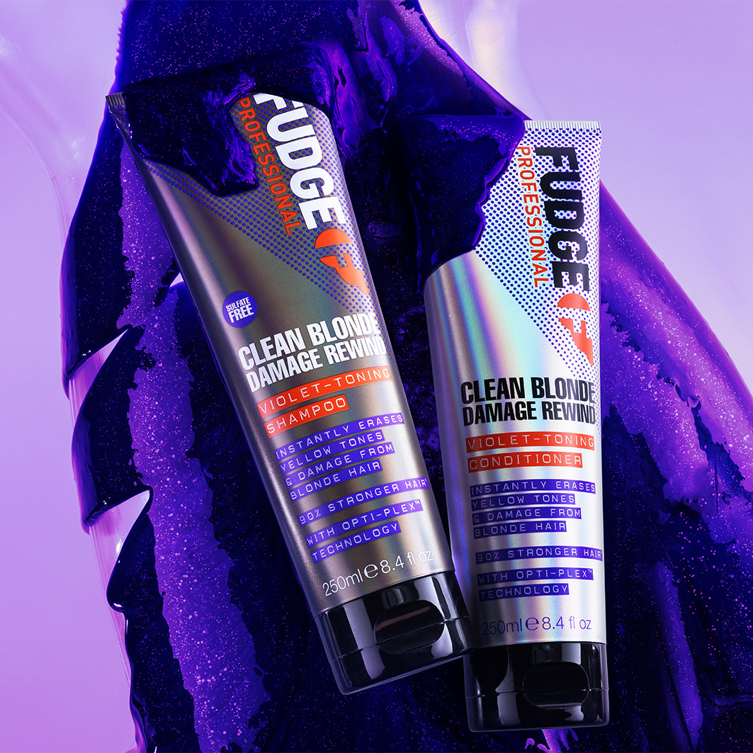 Fudge Clean Blonde Damage Rewind Violet Toning Shampoo – violettes Shampoo zur Neutralisierung von Gelbstich und Reparatur von blondem Haar