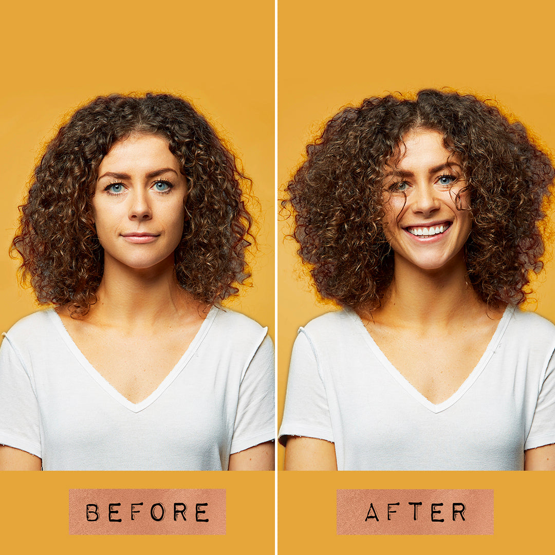 Vorher-Nachher-Bild einer Frau – sichtbar mehr Glanz, Volumen und definierte Locken nach Anwendung des Lockensprays