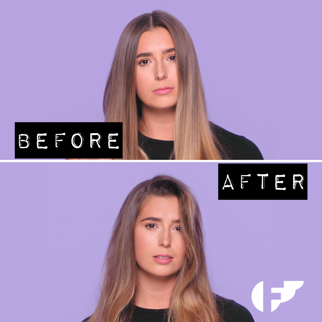 Vorher-Nachher-Bild einer Frau – voluminöses, texturiertes Haar mit flexiblem Halt nach Anwendung des Fudge Texture Sprays